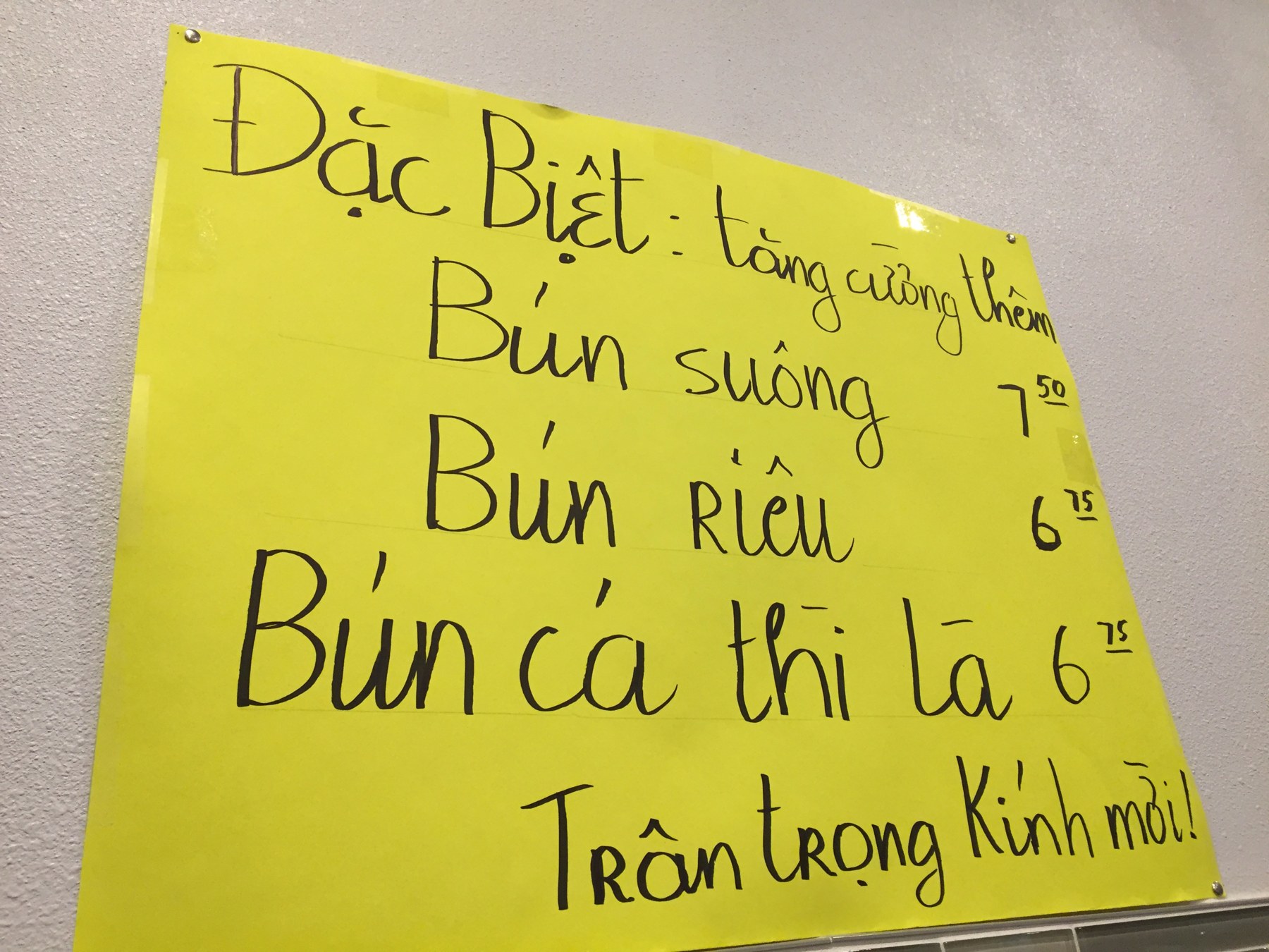 Vietnamese specials sign at Com Tam Thuan Kieu on Brookhurst Street in Garden Grove